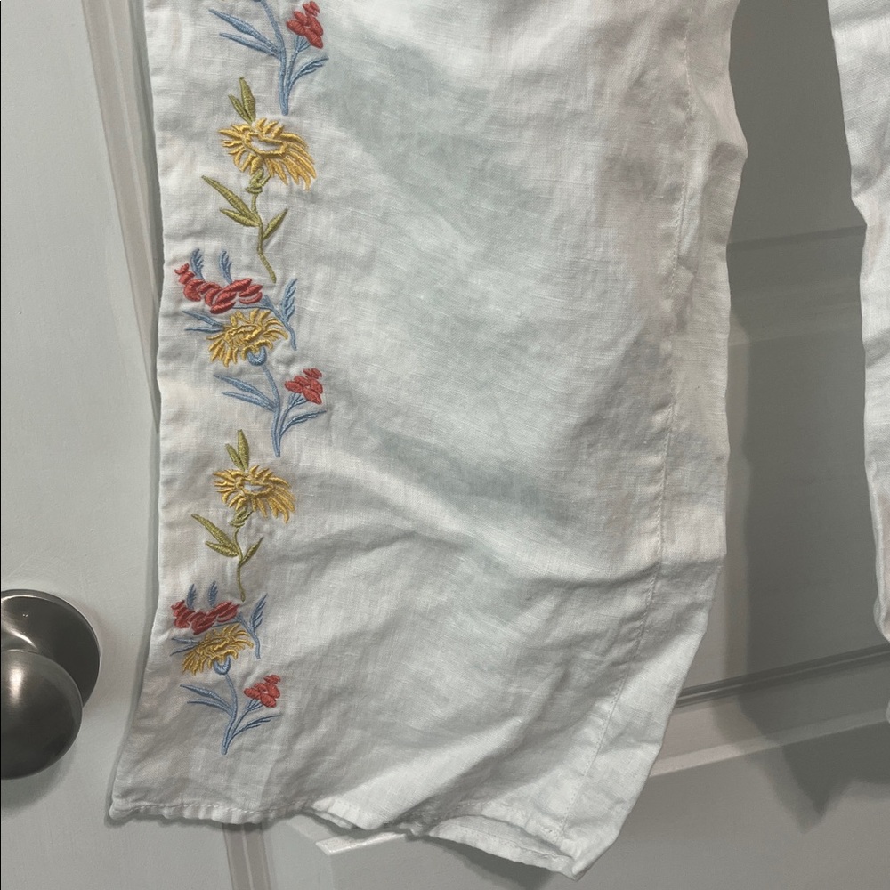 Calypso St Barth Boho White Linen Embroidered Floral Wide-Leg Pants Small - Picture 3 of 7